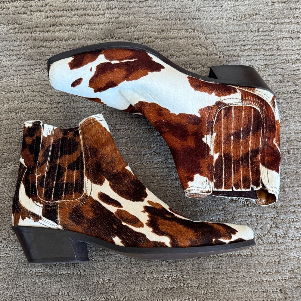 Zara Brown and White Cow-Print Ankle Booties